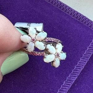 Sterling Silver Opal Flower Ring with Rhodolite Garnets